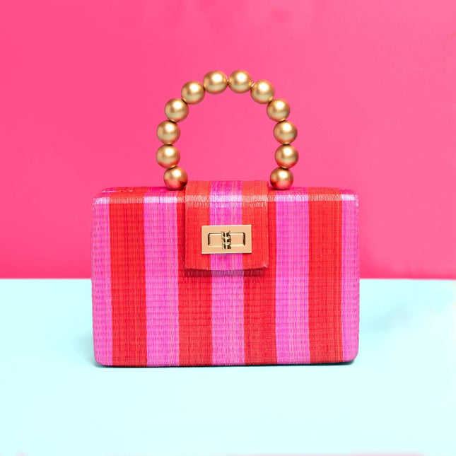 THE LOUISA Red & Pink Stripe Woven Straw Clutch Bag