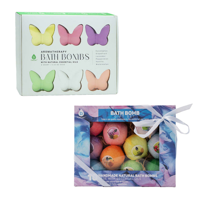 Two sets of aromatherapy bath bombs in colorful butterfly and box packaging on a white background