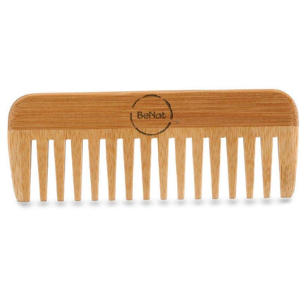 Wooden bamboo comb with 'BeNat' logo on white background
