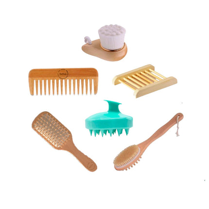 Set of wooden bath accessories including comb, brush, scalp massager, soap dish, and scrubber on white background