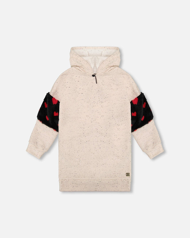 Hooded Glittering French Terry Dress Beige With Heart Bag