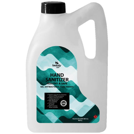 Hand sanitizer gallon bottle with black cap and teal label on white background