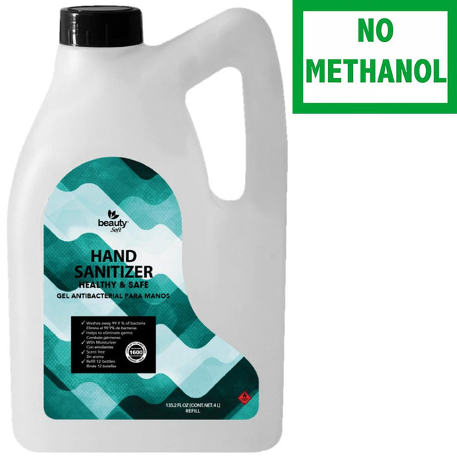 Large hand sanitizer gallon bottle with green 'No Methanol' label on white background