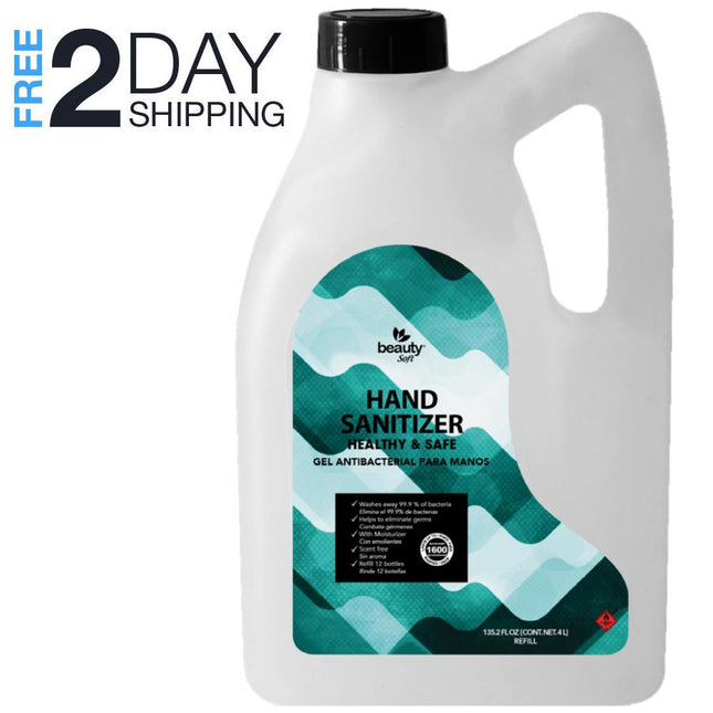 Hand sanitizer gallon bottle with turquoise label and 'FREE 2 DAY SHIPPING' text on white background