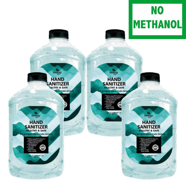 Four bottles of hand sanitizer with 'No Methanol' sign in the background on a white background