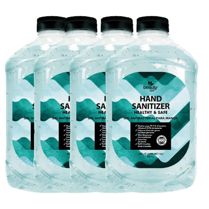 Four overlapping half-gallon hand sanitizer bottles with teal and white labels on a white background