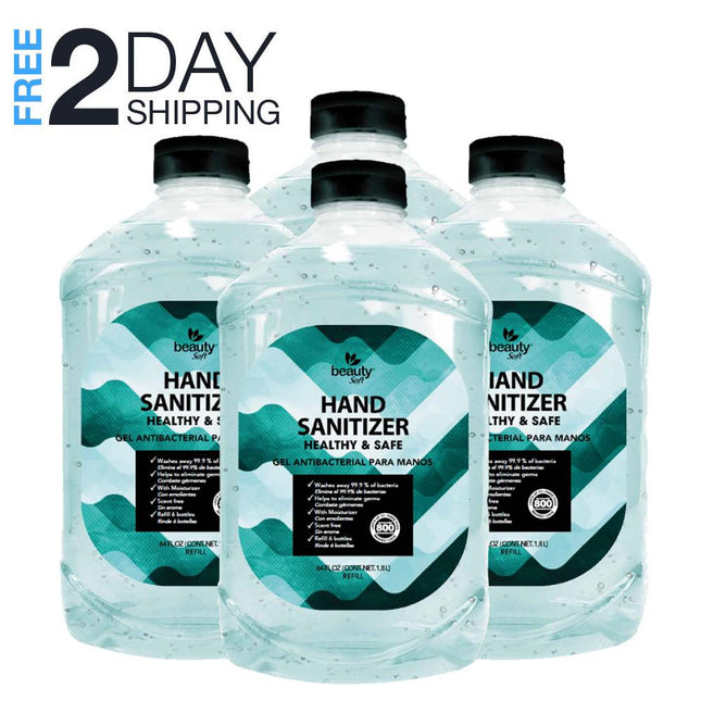 Four bottles of hand sanitizer with a 'Free 2 Day Shipping' label on a white background
