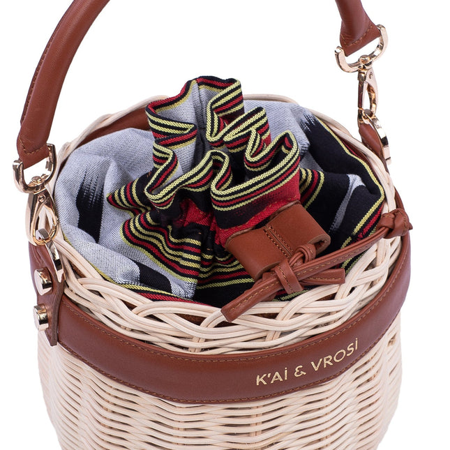 Brown Leather & Straw Bucket Bag with Drawstring