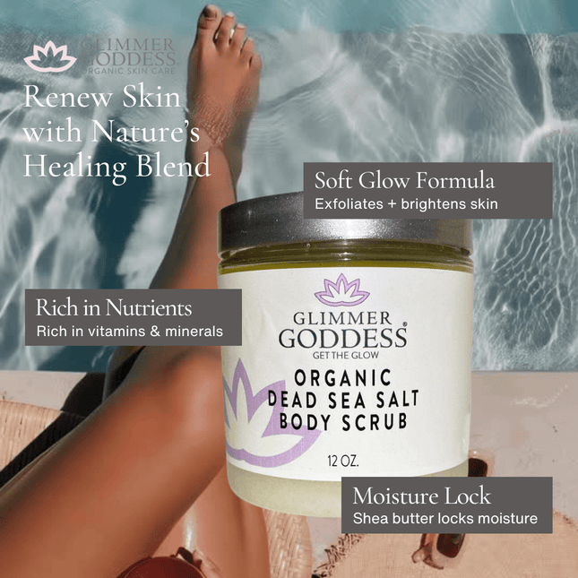 Promotional graphic for Glimmer Goddess Organic Dead Sea Salt Body Scrub with text highlighting benefits and blurred beach background